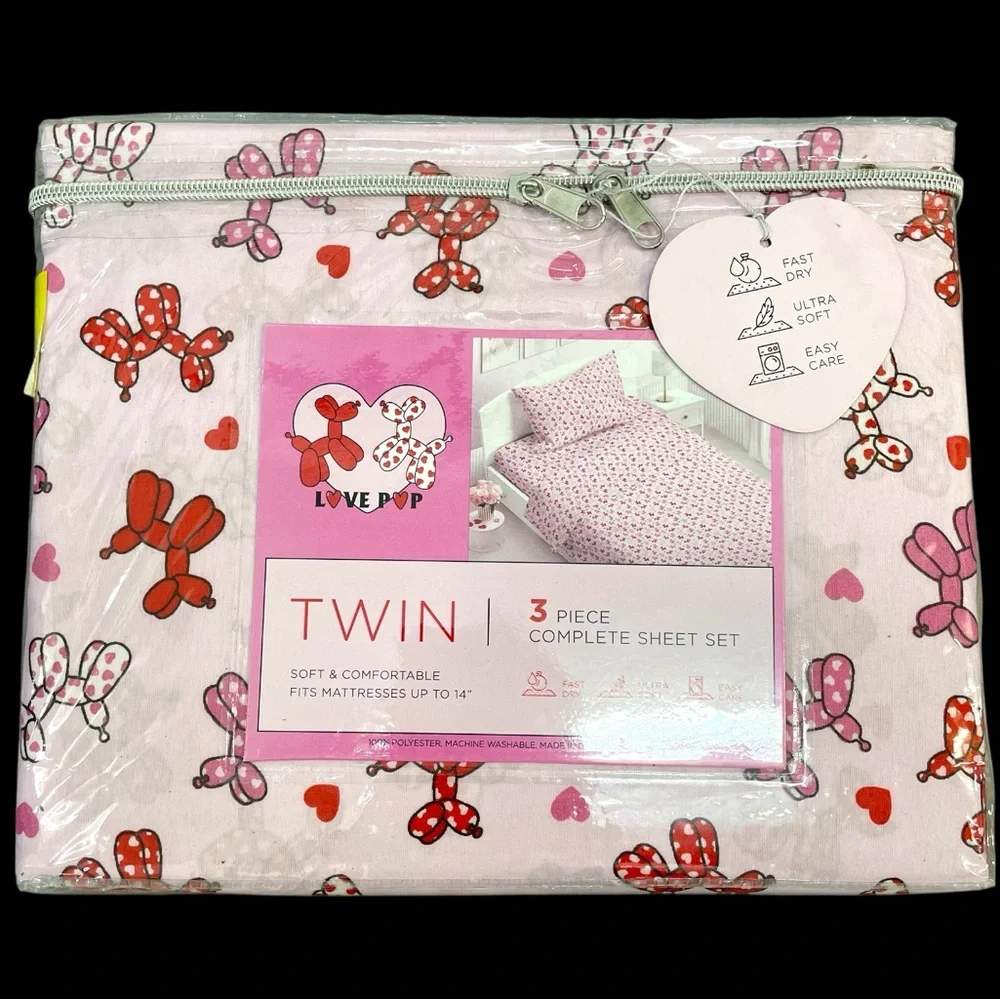 Deep Pocket Balloon-Pups Hearts 3-pc Twin Sheet Set Pink Red Pup Puppies Dog NIP